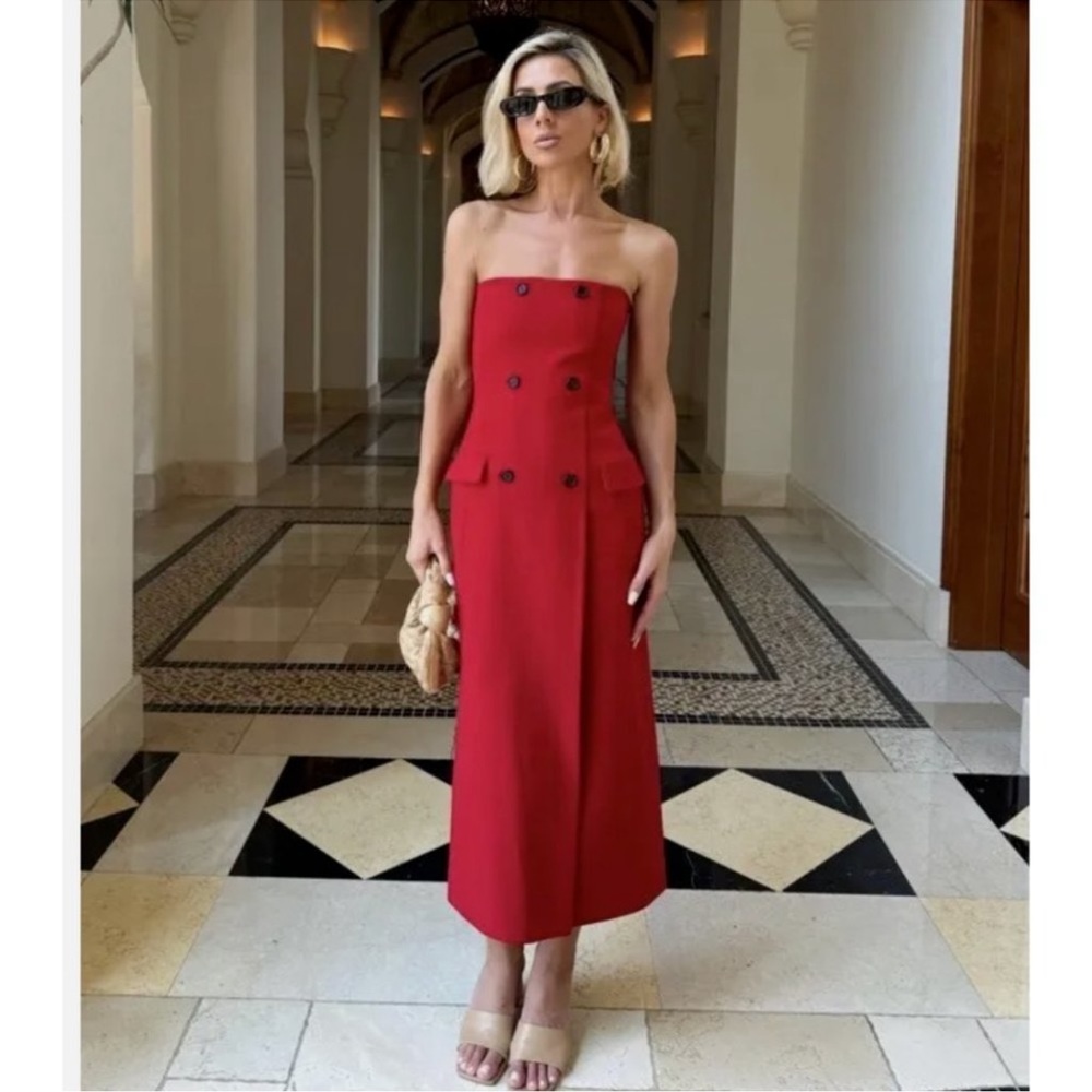 Zara Red Strapless Double-Breasted Midi Dress with Pocket Detail